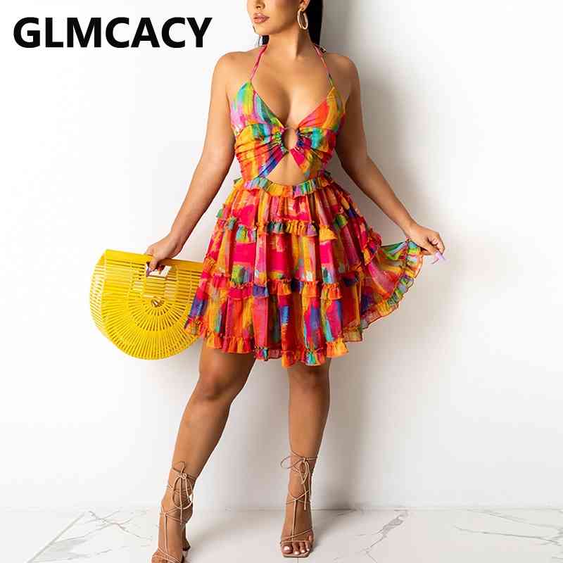 Halter Backless Abstract Printed Ruffles Mini Dress 210702
