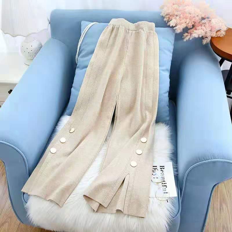 Nomikuma Autumn Winter Knitted Pants Korean High Waist Split Buttons Wide Leg Pants Causal Solid Sweater Women Pants 6C706 210427