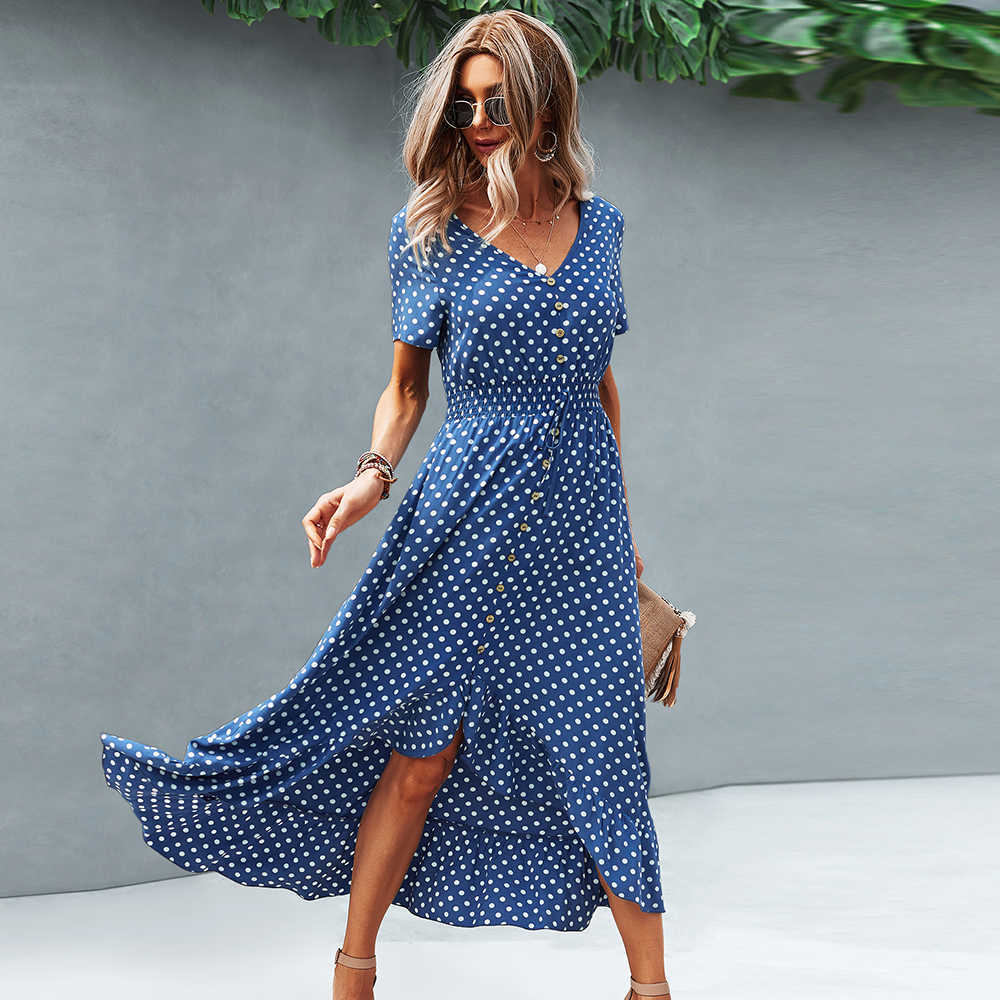 Elegant Beach Women Dress Summer Casual Polka Dot Print V Neck Short Sleeve High Waist Button Ruffle Boho Dresses Vintage 210526
