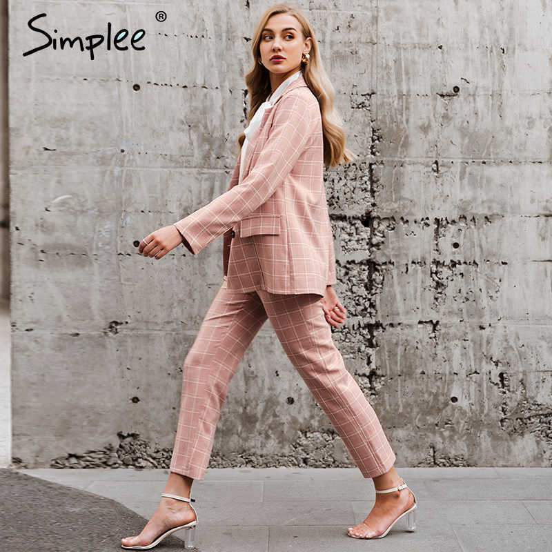 Fashion plaid women blazer suits Long sleeve double breasted blazer pants set Pink office ladies two-piece blazer sets 211007