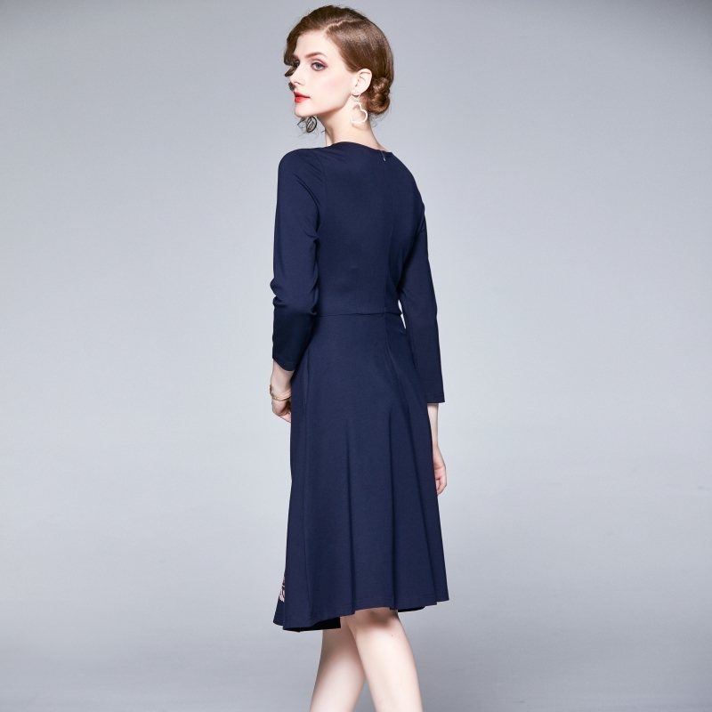 Women Bule Prints Dress Autumn French Elegant Grace Long Sleeve Lace up Crew neck A-line Embroidery 210506