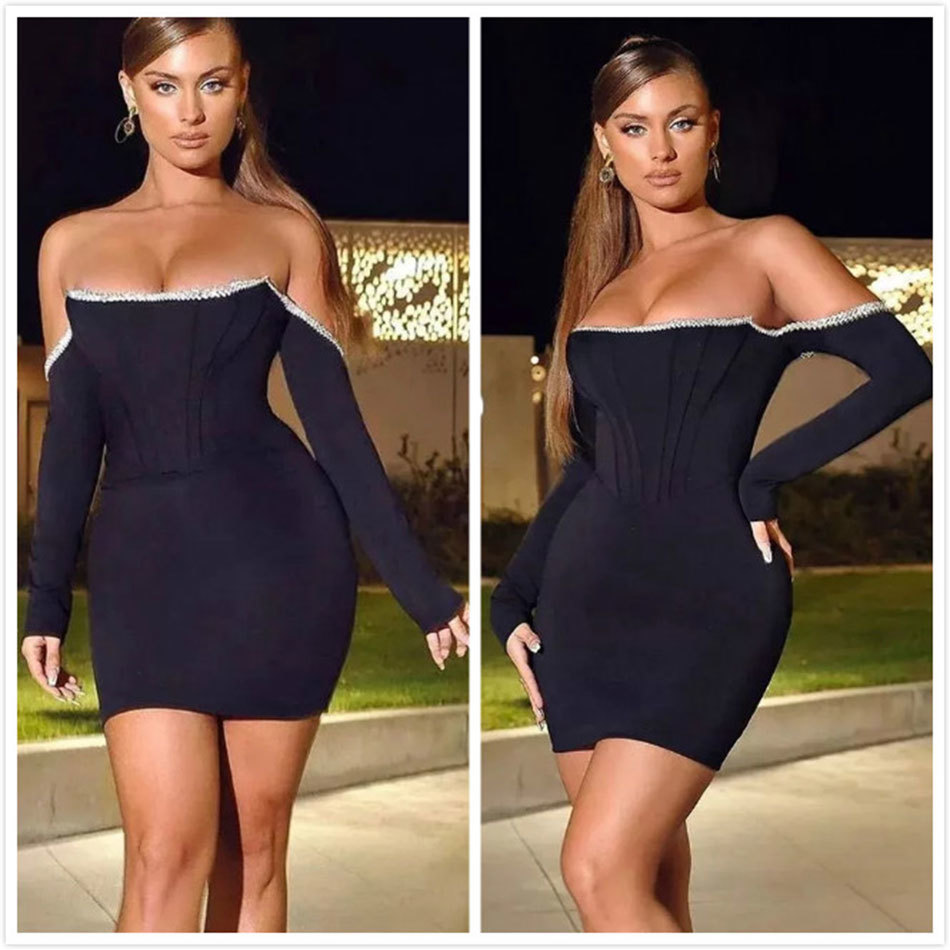Free Women Sexy Long Sleeve Off Shoulder Diamonds Black Bodycon Bandage Dress Elegant Evening Party Club Vestidos 210524