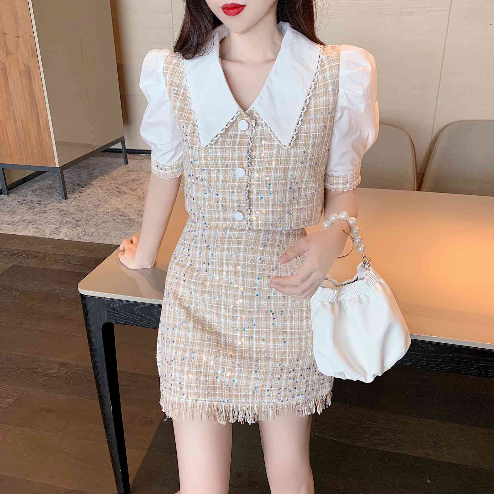 Summer 2 piece Set Elegant Sequined Tweed Puff Short Sleeve Chic Tops + Tassel A-Line Mini Skirts Suit Female 210519