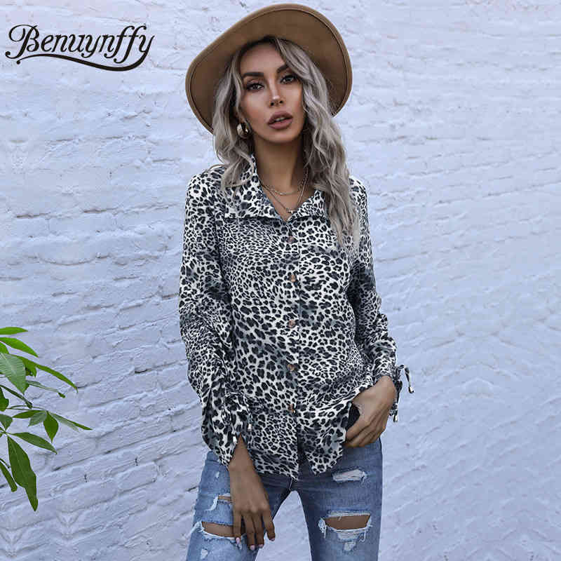 Turndown Collar Leopard Print Long Sleeve Shirt Women Spring Button Up Casual Ladies Tops and Blouses Style 210510