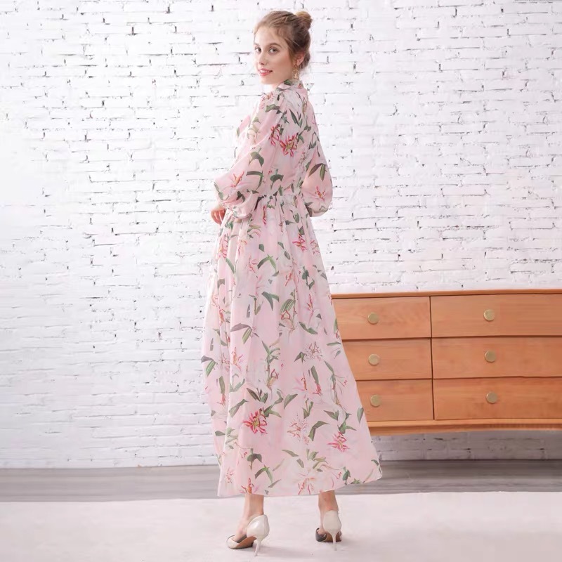 Fashion Runway Long Sleeve Dress Women's Bow Tie Chiffon Lily Flower Print Casual Holiday Elegant Maxi Beach 210421
