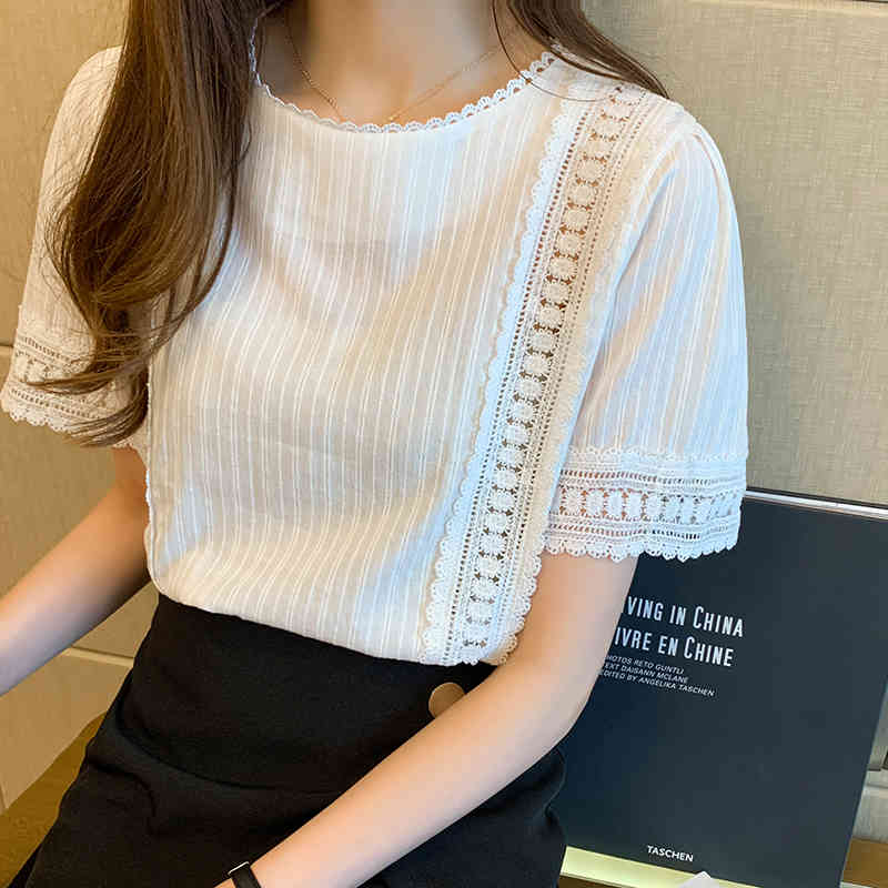 Summer White Pink Shirt Korean Style Women Short Sleeve Hollow Out Lace Blouse Solid Elegant Office Lady Tops Blusas 9602 210506