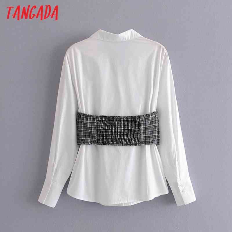 Women Vintage Patchwork White Long Sleeve Chic Female Office Lady Shirt 3W141 210416
