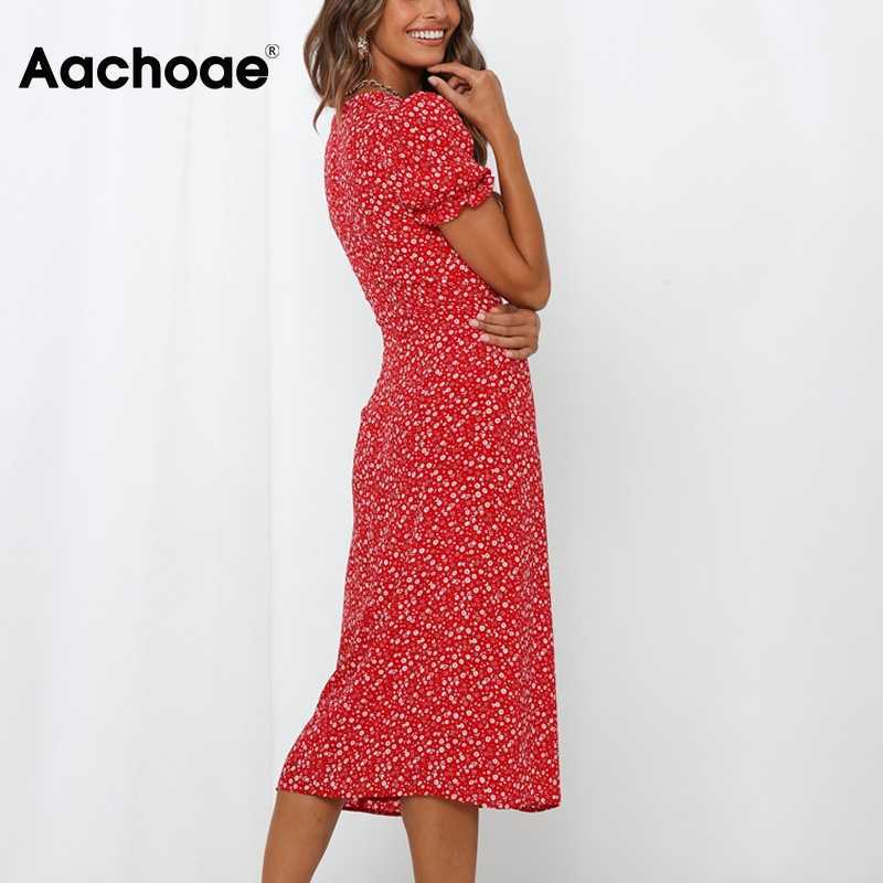 Aachoae Elegant Floral Print Dress Front Split Party Midi Dress Butterfly Short Sleeve Vintage Red Dress A Line Sundress Vestido 210630