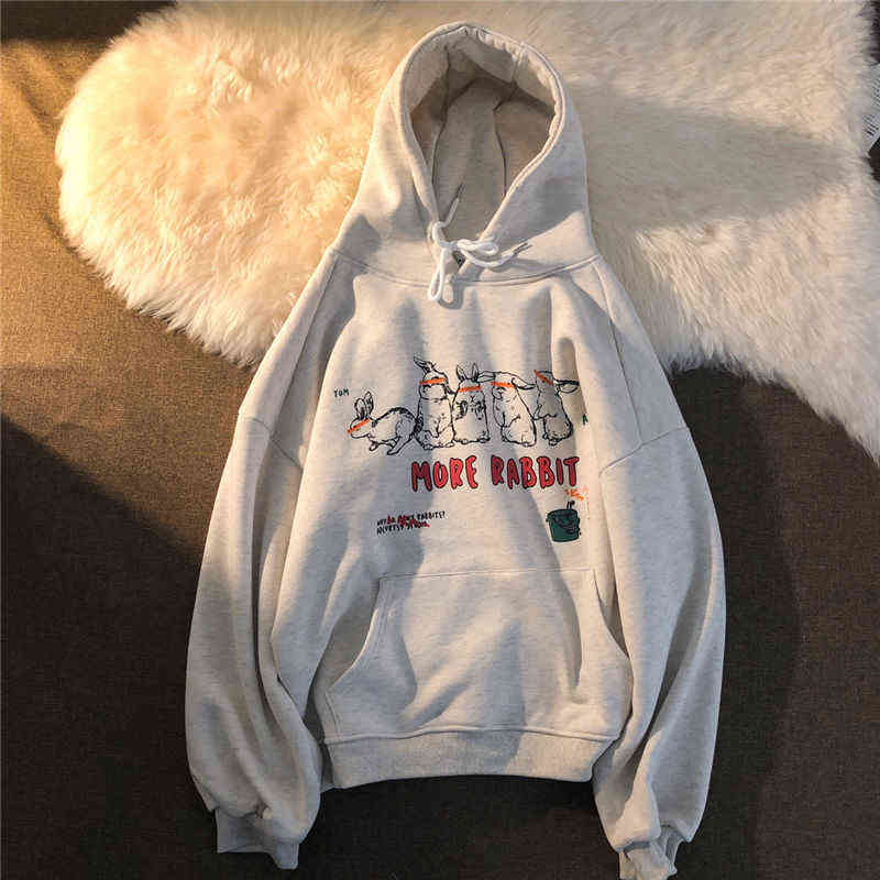Sweatshirt For Women's More Rabbit Print Winter Korean Style Fashion Hoodies Kawaii Oversized Hooded Polyester Harajuku 211109