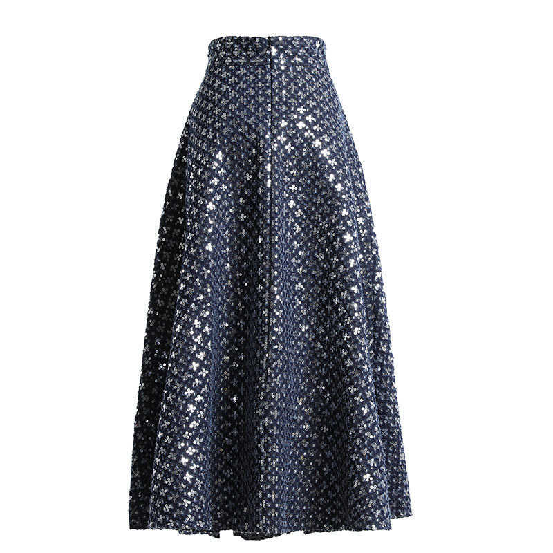 TWOTYLE Denim Patchwork Sequin Skirt For Women High Waist Casual A Line Skirts Female Fashion Clothing Spring 210621