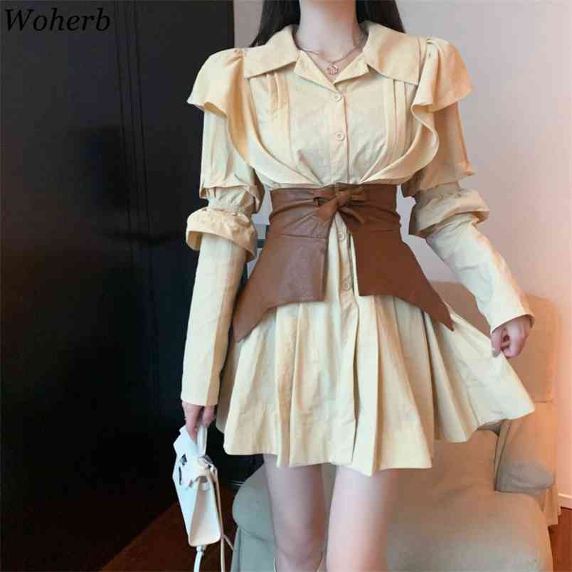 Sexy Shirt Dress Women Ruffle Long Sleeve Dresses Lady Korean Chic Vestidos with Belt High Street Fashin Robe 210519