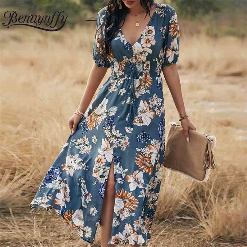 V-neck Tassel Tie Waist Short Sleeve Dresses with Button Women Summer Vacation Boho Casual Print Split Long Dress 210510