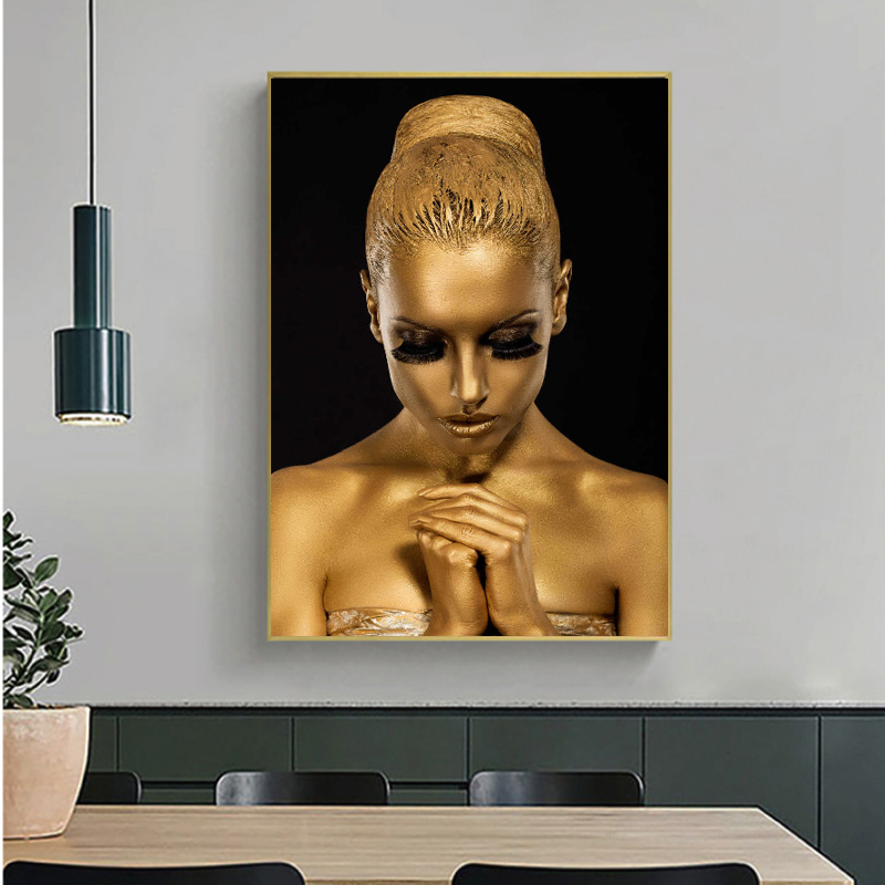 African Golden Woman Poster Wall Art Canvas Painting Abstract Portrait Picture HD Print For Living Room Home Decoration Cuadros