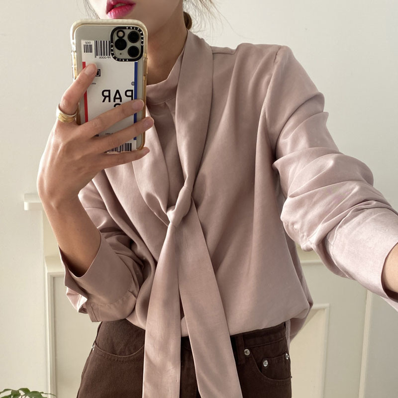 Korea Commute Chic Bow Tie Strap Women's Top and Blouse Loose Casual Long Sleeve Shirts Woman Office Lady Style Female 13341 210427