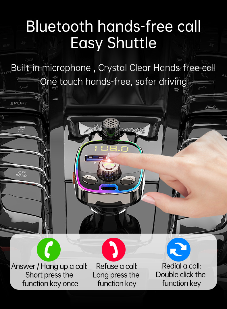 Bluetooth Car Kit Charger Wireless BT 5.0 Auto FM Transmitter Hands Free Calling With 5V/3.6A PD+Double USB Ports