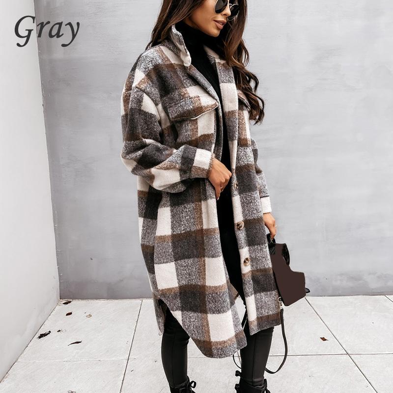 Women's Jackets Plaid Midi Long Coat Fashion Women Autumn Winter Sleeve Loose Pocket Ladies Casual Jacket Elegant Outwear 2021