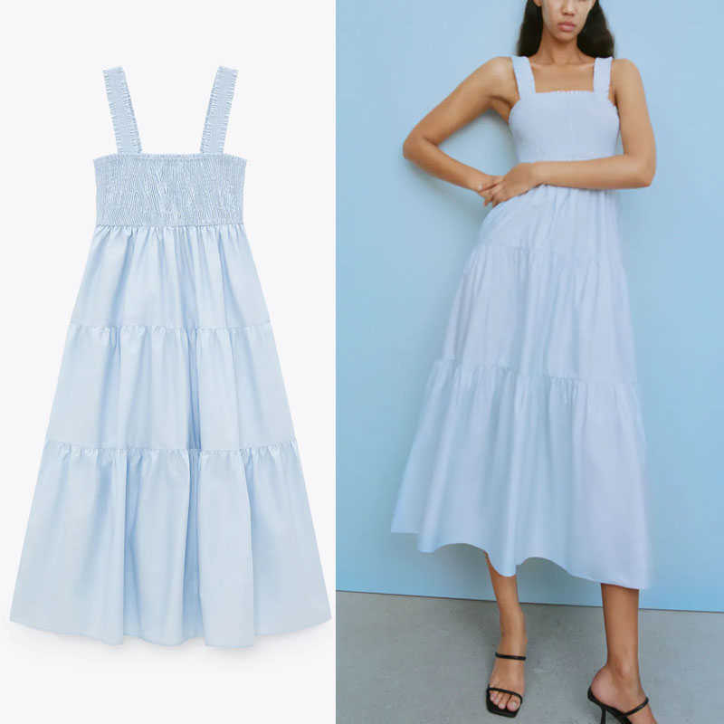ZA Blue Pleated Summer Dresses Women Sleeveless Wide Straps Smocked Elastic Midi Party Dress Female Chic Backless Vestidos 210602