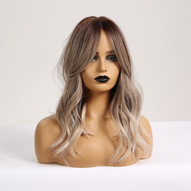 Synthetic Wigs Long Wavy With Bangs Platinum Blonde Ombre Hair For Afro Women Cosplay Natural Daily Heat Resistant