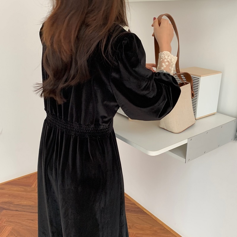 Spring Sweet Lace Stand Collar Single-Breasted Velvet Dress Elastic Waist Black Women's Clothing 210520