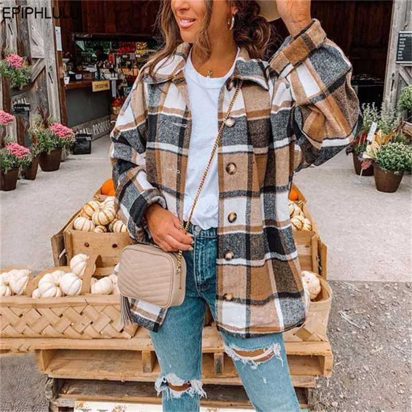 Autumn Plaid Jacket Women Overshirt Long Checkered Jacket Woman Female Long Sleeve Winter Shirt Jackets Coats For Women 211117