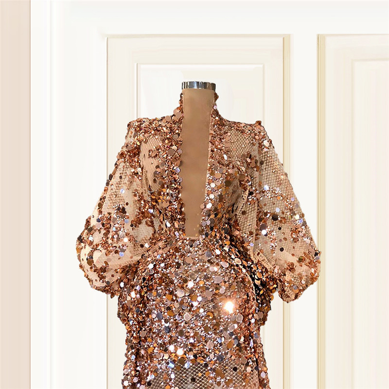 Luxury Mermaid Prom Dresses Shining Designer Sequined Long Sleeve V-neck Hollow Beaded Custom Made Formal Party Gowns Vestido De Baile