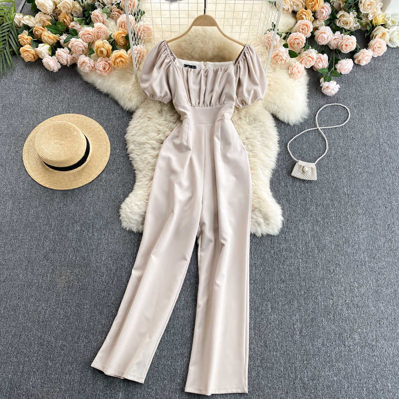 Women Fashion Pleated Square Collar High Waist Thin Short Sleeves Long Jumpsuit Solid Color Broad-legged Overalls S416 210527