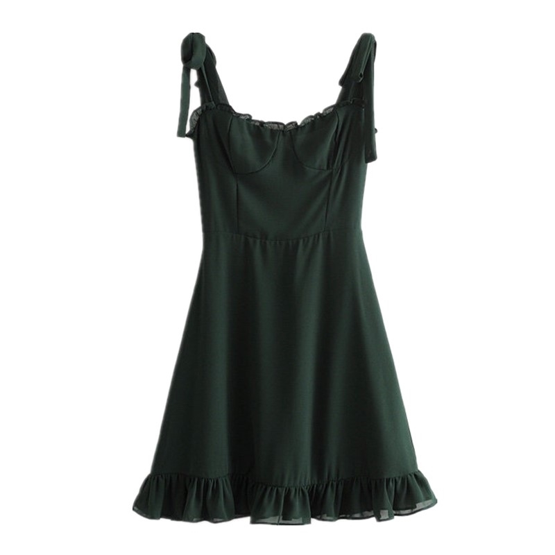 Summer Plain Green Color Women Sling Dress Ruffles hem Tie Bow Strap Sleeveless Mini Sexy Beach Holiday Vintage 210429