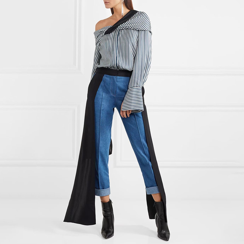 VGH Casual Asymmetrical Blouses For Women Skew Collar Flare Long Sleeve Loose Elegant Striped Shirts Female Fashion New Clothing 210421