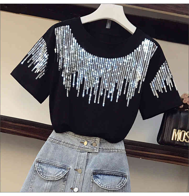 Plus Size L-4XL Summer Office Ladies 2 piece set Sequined Short Sleeve T-Shirt Top And High Waist A-Line Denim Skirt Suit 210518