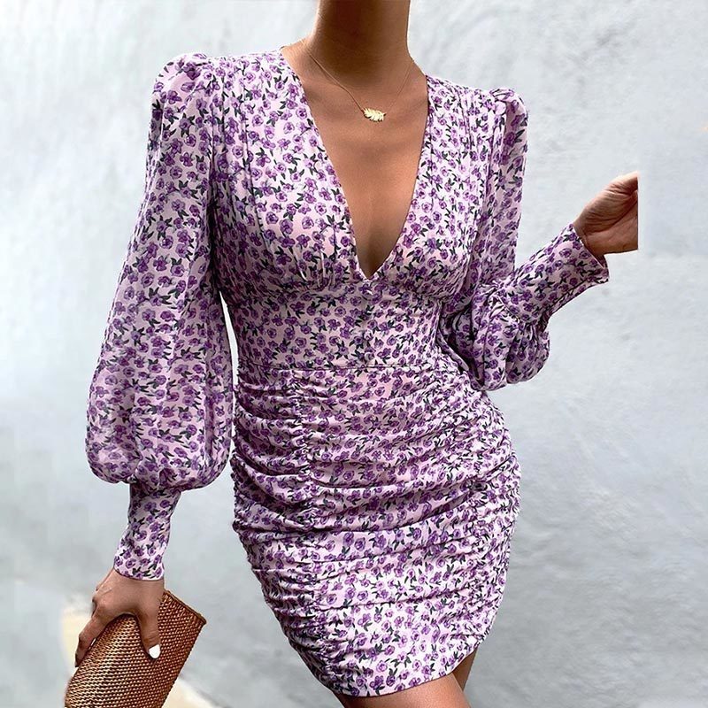 Women Sexy Deep V Neck Floral Print Long Lantern Sleeve Ruched Dress Summer Elegant Female Bodycon Party Dress Vestido 220310