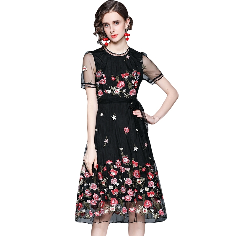 Fashion Summer Dress Women's Mesh Embroidery Flowers Vintage Elegant Temperament Dresses Vestidos 210520
