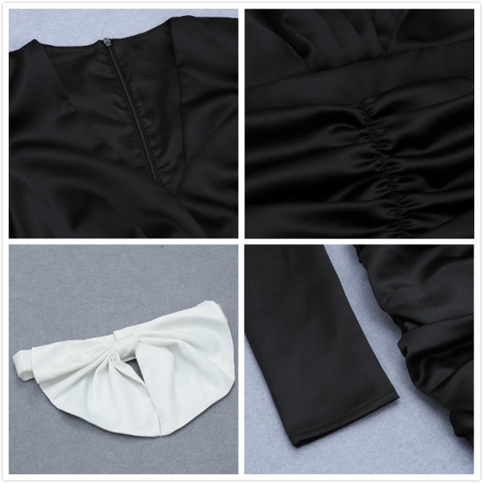 Free Women's Black Sexy Dress V-neck Puff Sleeve Bow Belt Bodycon Draped Club Nightclub Party Vestidos 210524