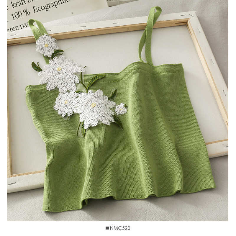 Cute Women Crop Top Strappy Sleeveless Flower Appliques Fitness Streetwear Female Camis W105 210526