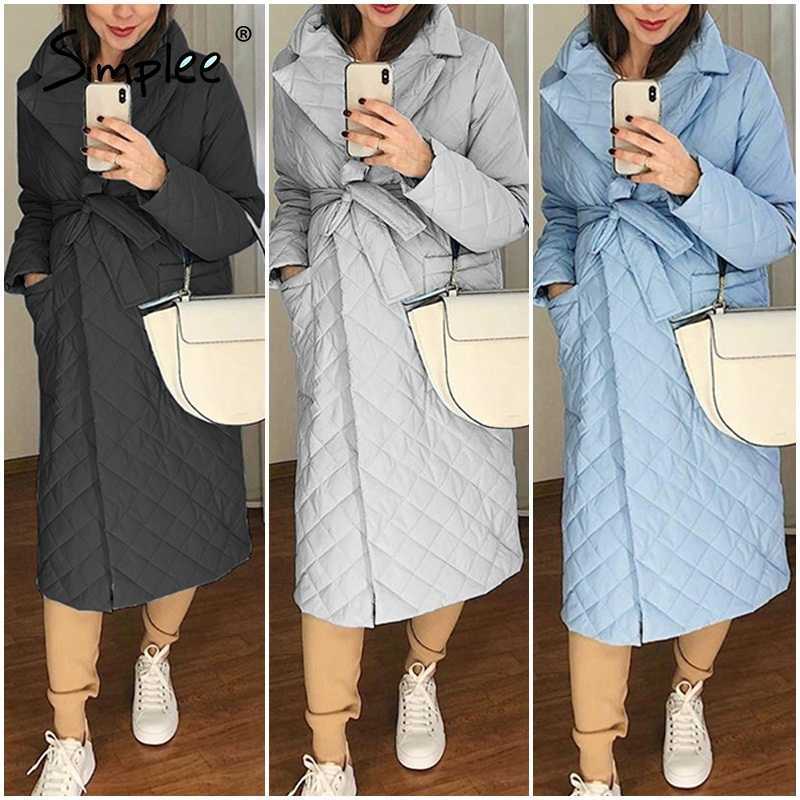 Long straight winter coat with rhombus pattern Casual sashe parkas Deep pockets tailored collar stylish outerwear 211108