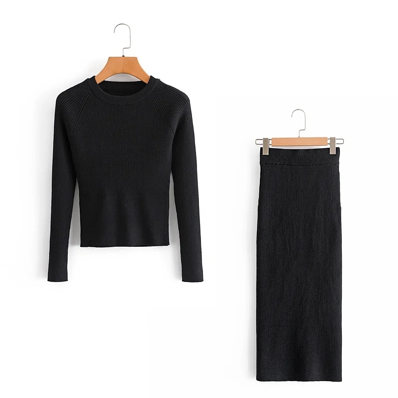 EPUZS Knitted Sweater and Skirt Two Piece Set Women Autumn Slim Fit Crop Tops Skirts 2 Sets s Outfits 210521