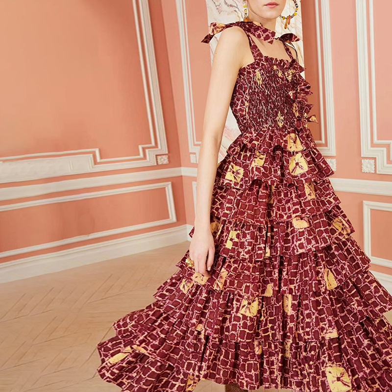 Women Dress Bandage Ruffles Bow Vintage Dresses White Yellow Black Printing Long Summer Clothes 210524