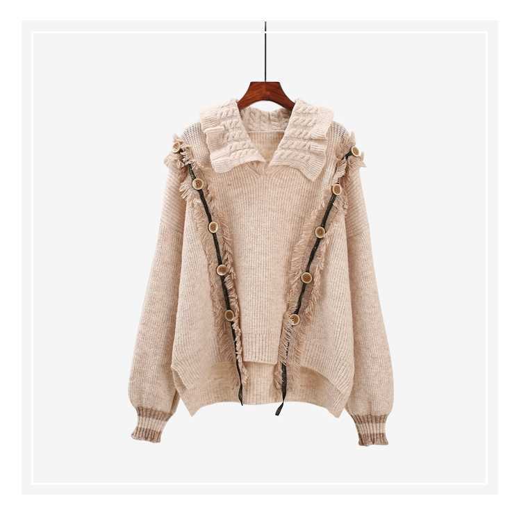 H.SA Women Winter Sweater and Pullovers Turtleneck Turn down Collar Pull Sweaters Tassel Knit Jumpers Winter Clothes Button Tops 210716