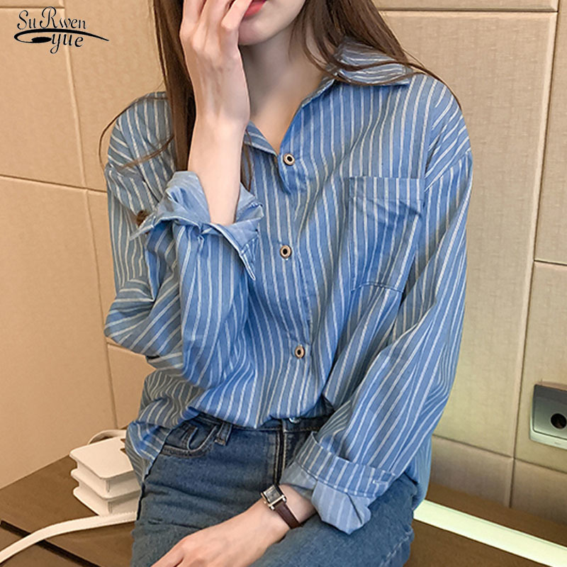 Blusas Autumn Korean Loose Long Sleeve Blouse Tops Women Shirts Blue Striped Shirt Pocket Casual OL Style Female 10429 210521, Dark blue
Blusas Autumn Korean Loose Long Sleeve Blouse Tops Women Shirts Blue Striped Shirt Pocket Casual OL Style Female 10429 210521, Dark blue