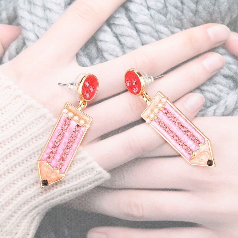 Fashion Back to school season Pencil Dangle Earrings Women Girls 6 Colors Sweet Korean Style Rhinestone Earring Gift for Teacher Students