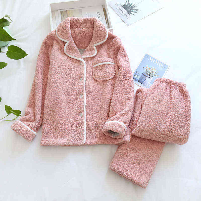 Japanese style autumn and winter ladies plus size sheep wool warm pajamas suit Shu Mianmao simple home service pijamas women 211109