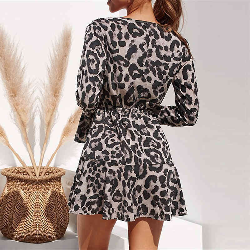 Summer Chiffon Dress Women Leopard Print Boho Beach Dresses Casual Ruffle Long Sleeve A-line Mini Party Dress Vestidos 210419