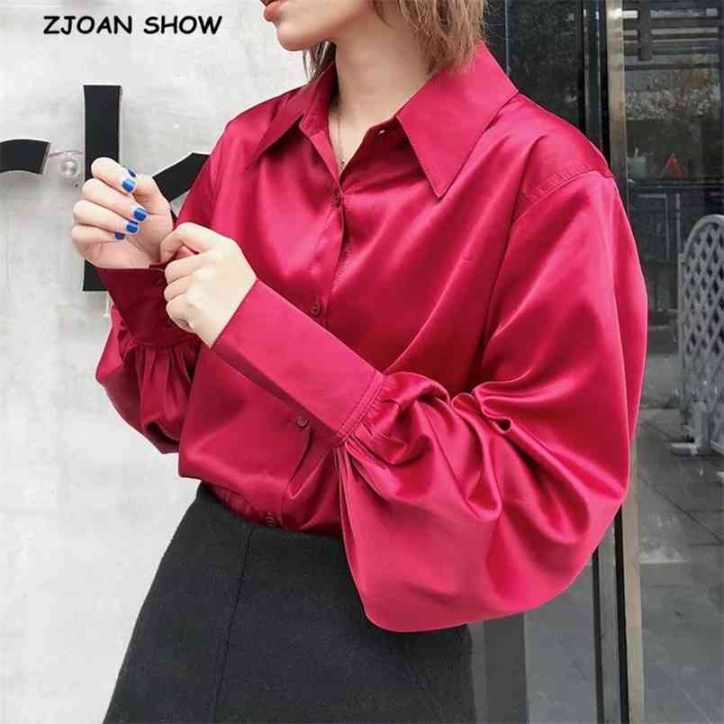 Bright Wine Red Long sleeve Satin Shirt Like Silk Casual Women Lapel Hem Irregular Elegant Blouse Loose Tops Korean Clothes 210429