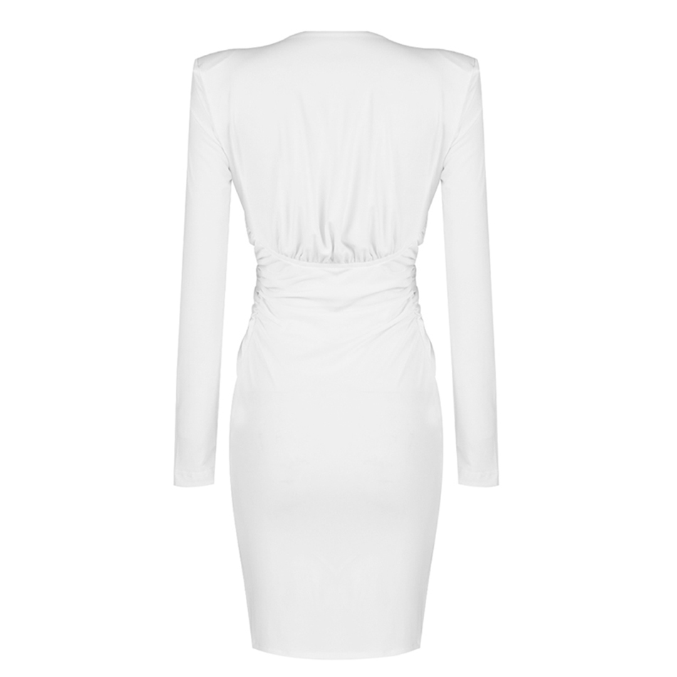 Summer Women's Club Party Tight Dress Sexy V-neck Long Sleeve Draped Fashion White Mini Celebrity Runway 210525