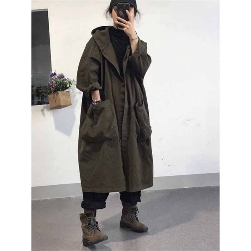Autumn Korea Fashion Women Loose Hooded Trench Coat All-matched Casual Single Breasted Long Femme M593 210512