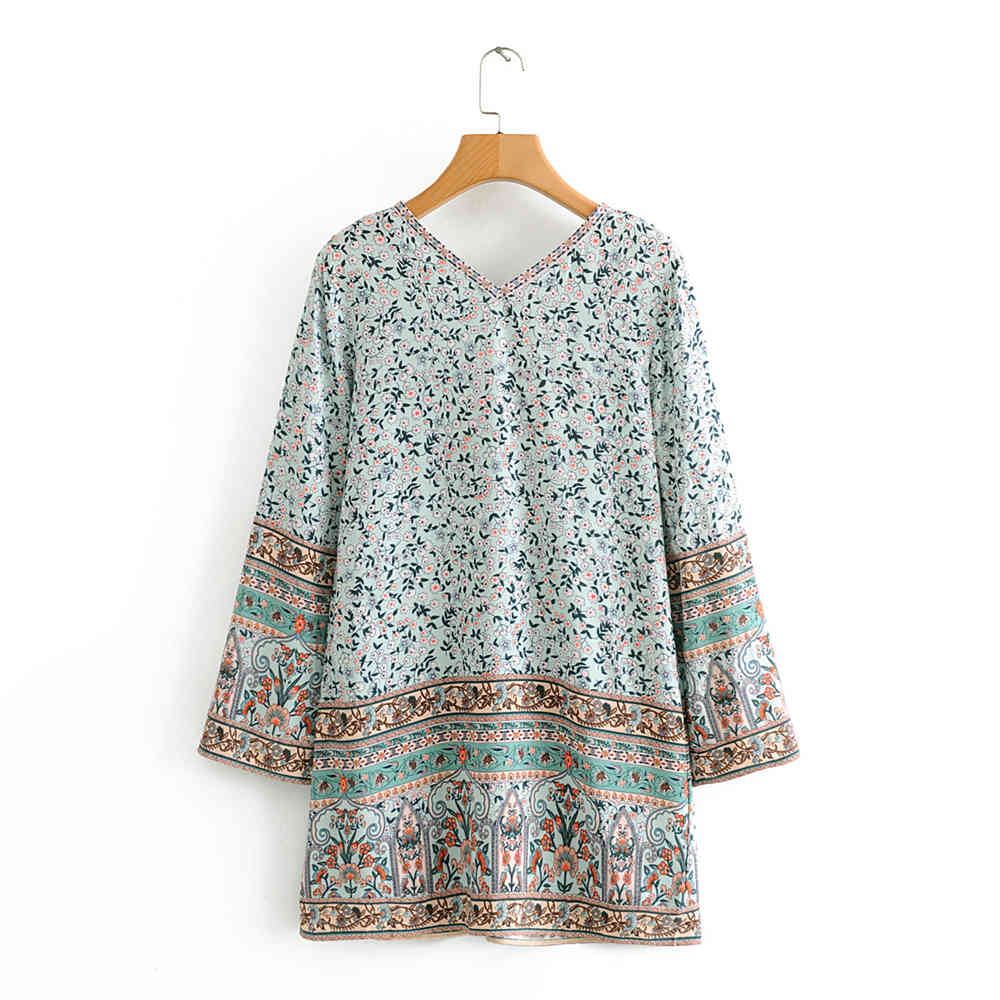 beauty Fashion Floral Print Boho Mini Summer Dress Women Holiday Chic V-neck Loose Beach Dresses Mujer Vestido 210514