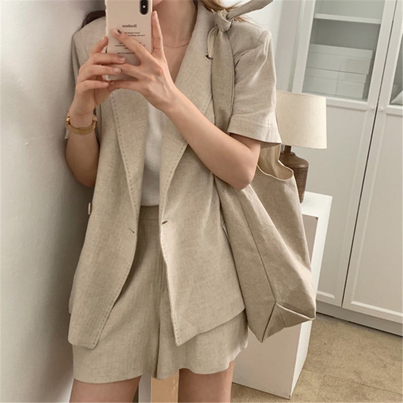 Chic Stylish Summer Femme Solid Loose Blazers+ Streetwear Casual Thin All Match Wide Leg Shorts Suits 2 Piece Sets 210421