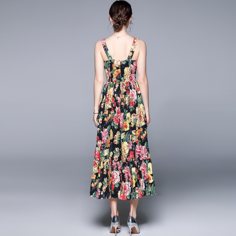 vintage summer midi dress tropical flower fruit printed camisole square collar dresses lady traf vestidos de mujer casual 210421