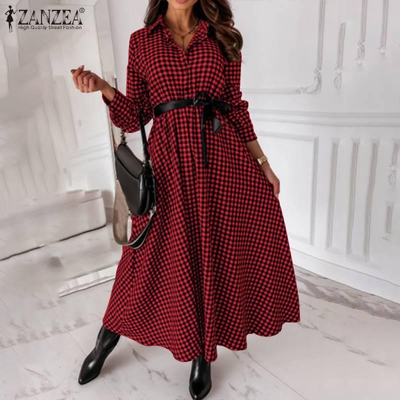 Plaid Print Lapel Robe Holiday Female Belted Dresses Spring Autumn Office Lady Vestido Womens Vintage Maxi Dress Oversize Casual
