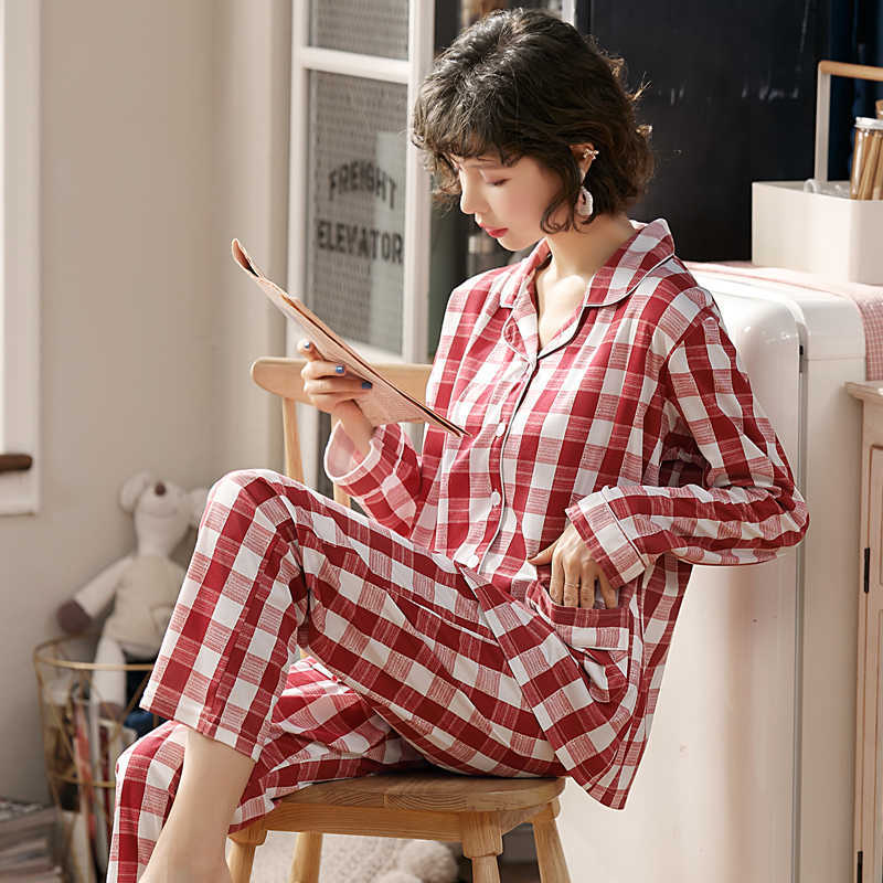 BZEL Autumn Winter Sleepwear 2 Piece Sets For Women's Cotton Pajamas Turn-down Collar Homewear Large Size Pijama Pyjama XXXL 210928