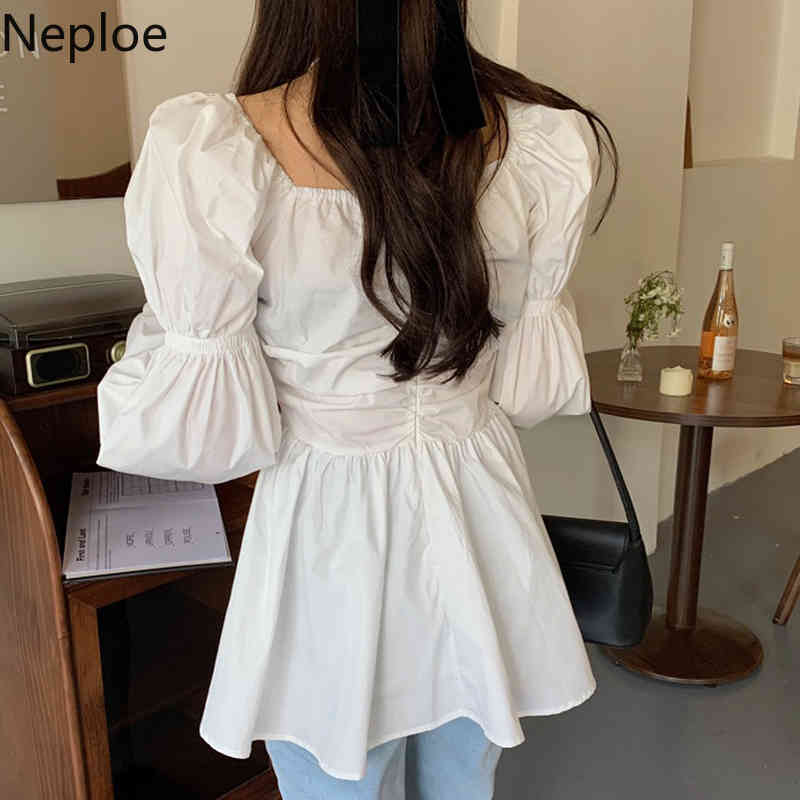 Neploe Chic Vintage Blouses Women V-neck Cross Pleated Shirt Slim Waist Sweet Puff Sleeve Blousse Tops Korean Elegant Blusas 210422
